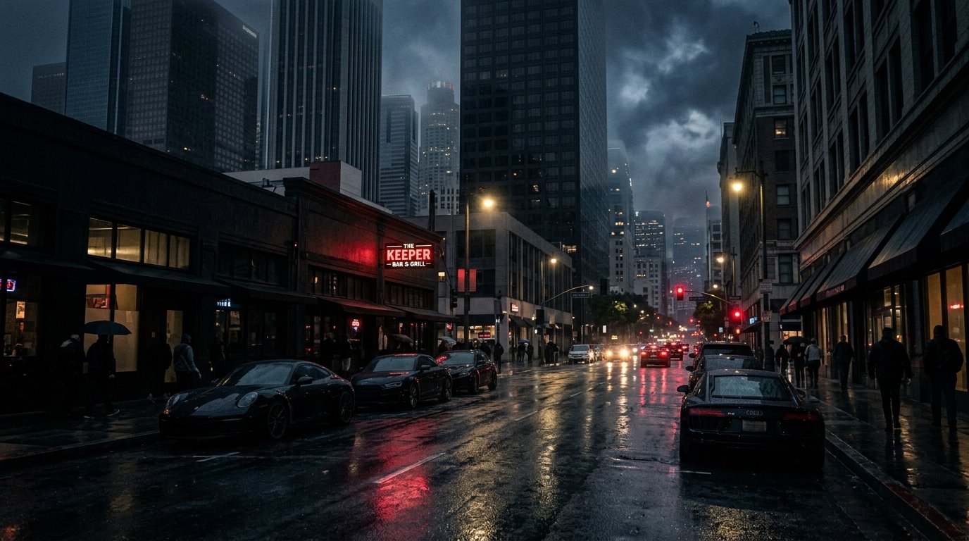 Cinematic city street at night with crimson light