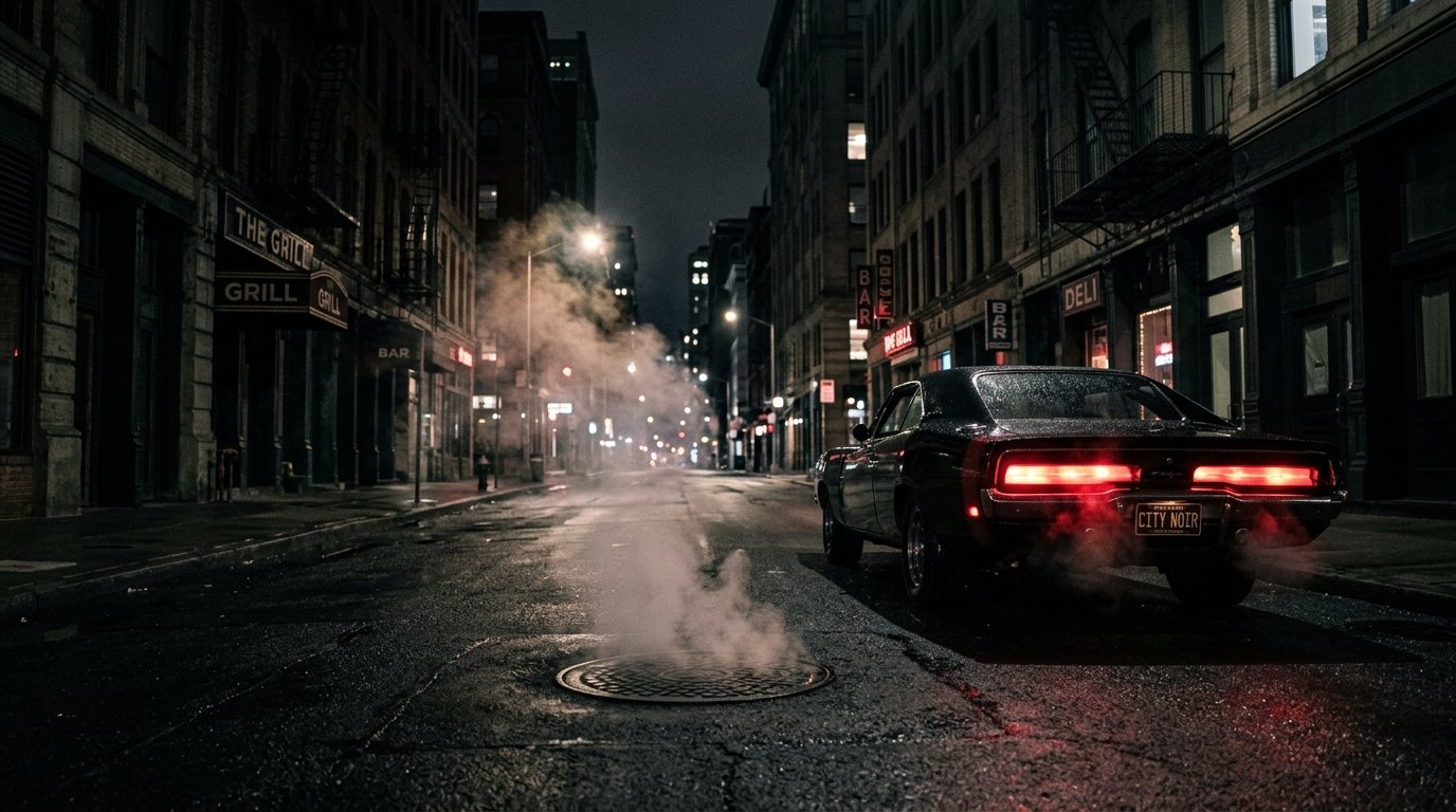 Black muscle car on an empty night street in Los Santos
